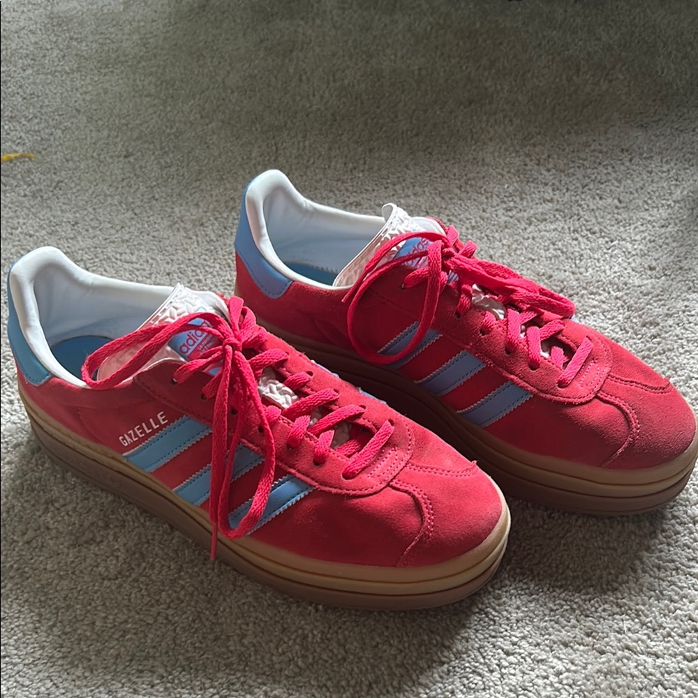 adidas Gazelle Red with Light Blue Stripes and Gum Sole